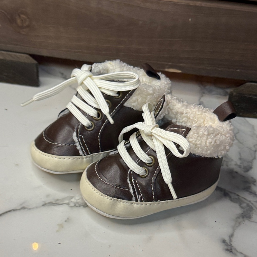 4/$15 Rising Star Faux Fur Brown Infant Soft Bottom Booties -3-6 Months